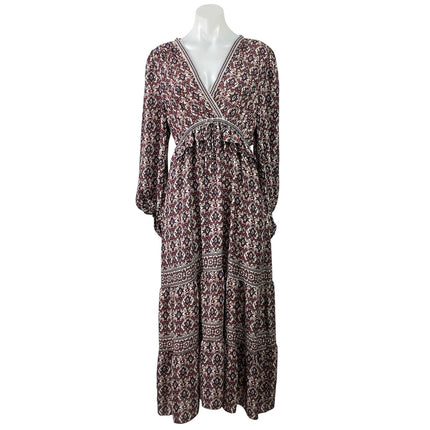 NEW Max Studio Brown Paisley Floral Long Sleeve VNeck Tiered A Line Maxi Dress L