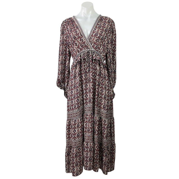 NEW Max Studio Brown Paisley Floral Long Sleeve VNeck Tiered A Line Maxi Dress L