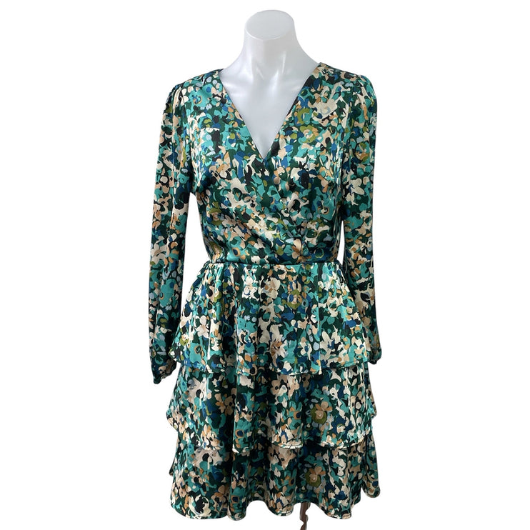 Nicole Miller Green Floral Long-Sleeve Faux Wrap Tiered Mini Fit & Flare Dress S