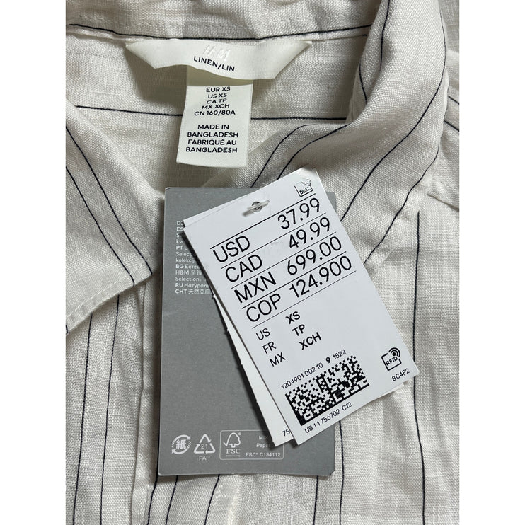 NEW H&M Women's White Striped 100% Linen Long Sleeve Button Up Shirt Top Size XS