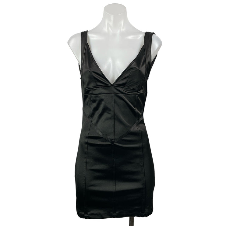 NEW Motel Black Satin Sleeveless Open Back Plunge V-neck Mini Bodycon Dress Sz M