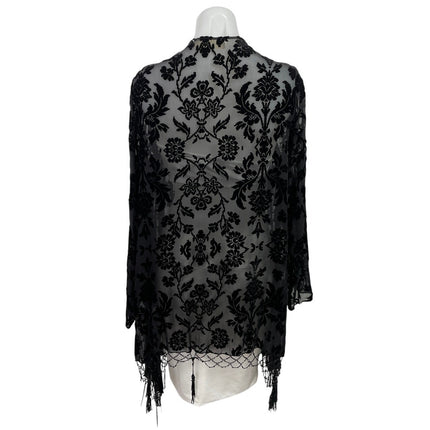 4 Love and Liberty Black Floral Burnout Velvet Jacquard Kimono Fringe Cardigan S