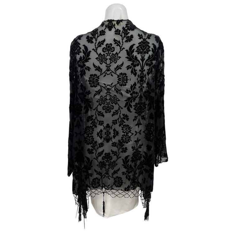 4 Love and Liberty Black Floral Burnout Velvet Jacquard Kimono Fringe Cardigan S