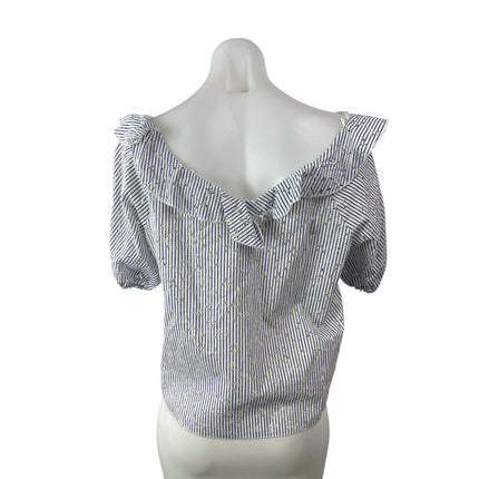 Zara Womens White Blue Striped Embroidered Eyelet Short Sleeve Blouse Top Size S