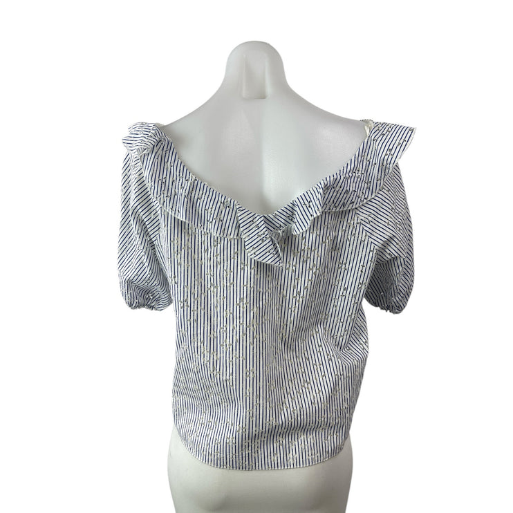 Zara Womens White Blue Striped Embroidered Eyelet Short Sleeve Blouse Top Size S