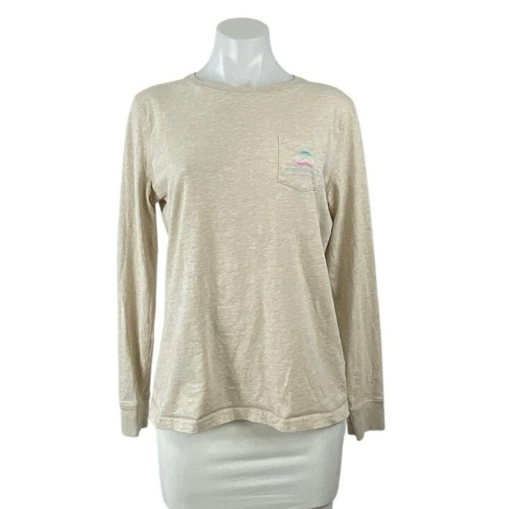 Vineyard Vines Beige Graphic Long Sleeve Chest Pocket Tee Basic T-Shirt Top Sz S