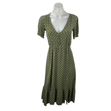 Zara Womens Green Polka Dot V Neck Puff Sleeve Button Midi Flare A-Line Dress XS