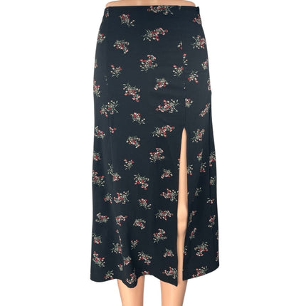 Abercrombie & Fitch Black Floral High Waist Midi High Slit A-Line Skirt Size XXS