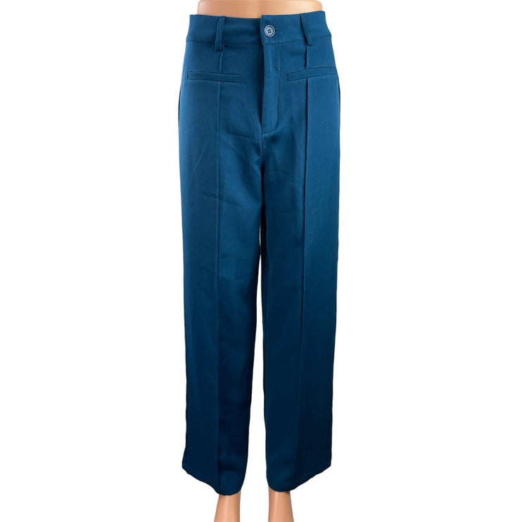 Cider Blue Tailored Pleated High Waist Straight Wide Leg Trousers Dress Pants S