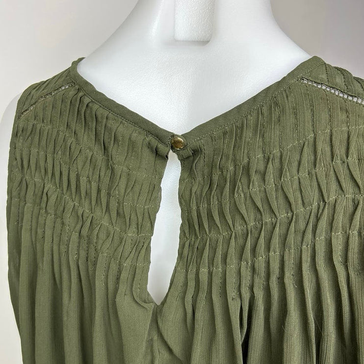 Banana Republic Army Green Ruched Pintuck Bateau Sleeveless Blouse Top Size S