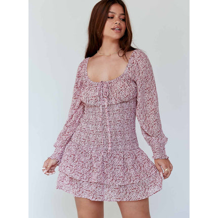 Princess Polly Carrillo Red Floral Long Puff Sleeve Ruffle Tiered Mini Dress 6