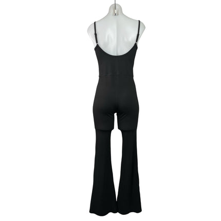 Qinsen Women's Black Sleeveless Cami Camisole Ribbed Wide Leg Romper Jumpsuit M