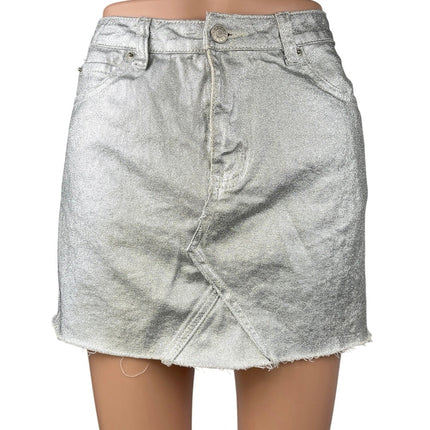 Sunset + Spring Silver Metallic High Waisted Pencil Mini Denim Jean Skirt Size M