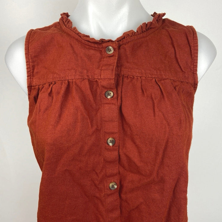 Sonoma Brown Linen Sleeveless Crew Neck Ruffle Button Down Shirt Top Size L