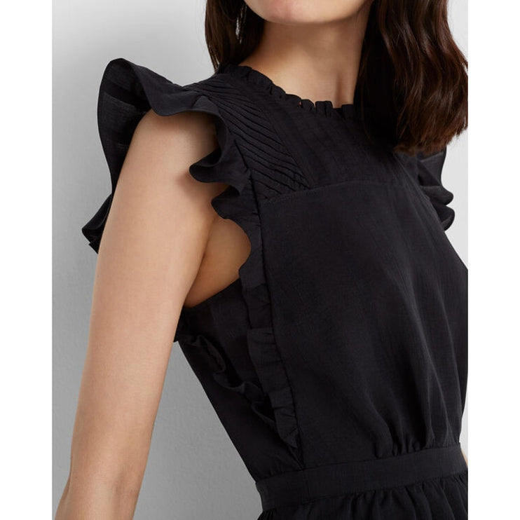 Club Monaco Black Ruffle Pintucked Crew Neck Cocktail A Line Mini Dress Size 00