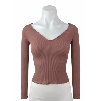 Free People FP Movement Nude Pink Lettuce Rib Knit Long Sleeve Crop Top Sz XS/S
