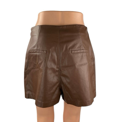 Meshki Women's Brown Fleece Lined High Rise Faux Leather Vegan Mini Shorts Sz M