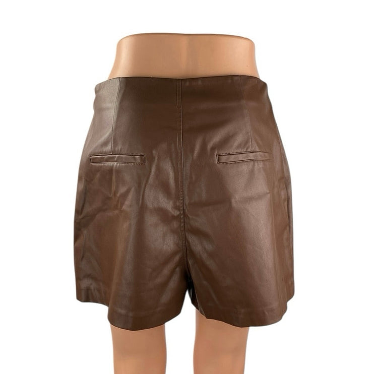 Meshki Women's Brown Fleece Lined High Rise Faux Leather Vegan Mini Shorts Sz M