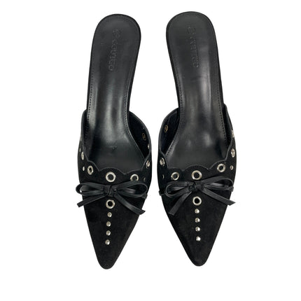 Coutgo Women's Black Bow Tie Studs Grommets Pointed Toe Stiletto Heels Mules 9