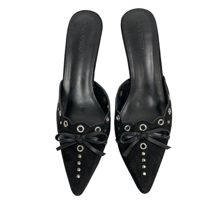 Coutgo Women's Black Bow Tie Studs Grommets Pointed Toe Stiletto Heels Mules 9