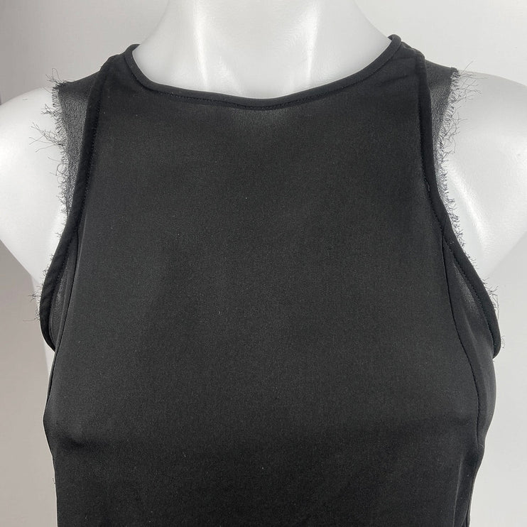 Theory Black 100% Silk Crew Neck Sleeveless Frayed Edge Blouse Top Size S