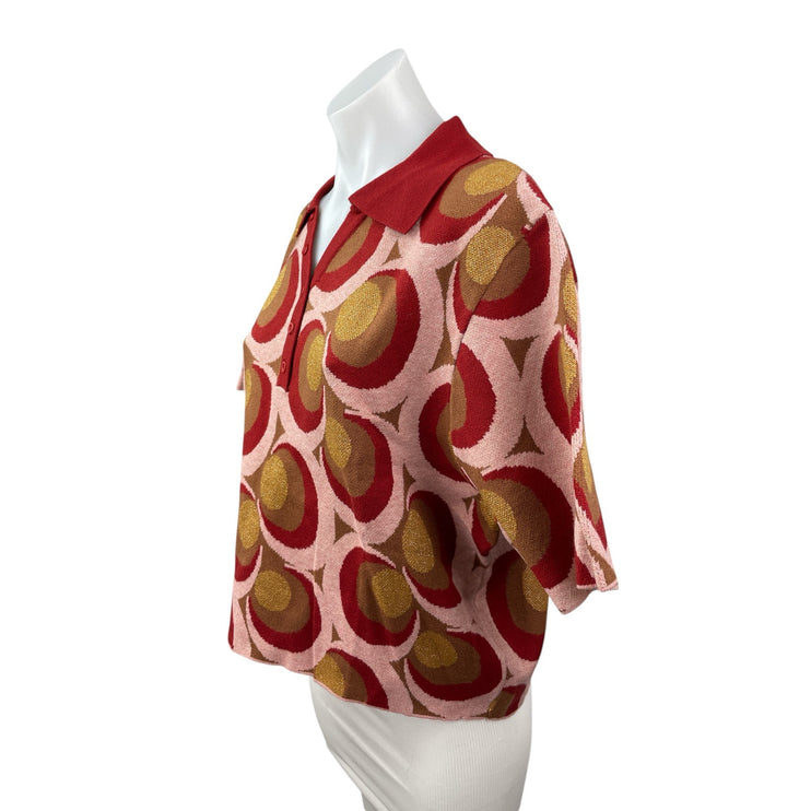 Cider Women's Red Geometric Short Sleeve Knit Polo Shirt Sweater Top Size 3XL
