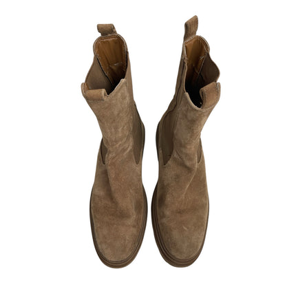 ZARA Womens Brown Suede Side Gore Chunky Sole Round Toe Ankle Chelsea Boots 10.5