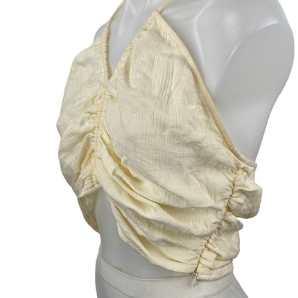 Zara Yellow Halter V Neck Ruched Sleeveless Backless Open Back Crop Top Size M