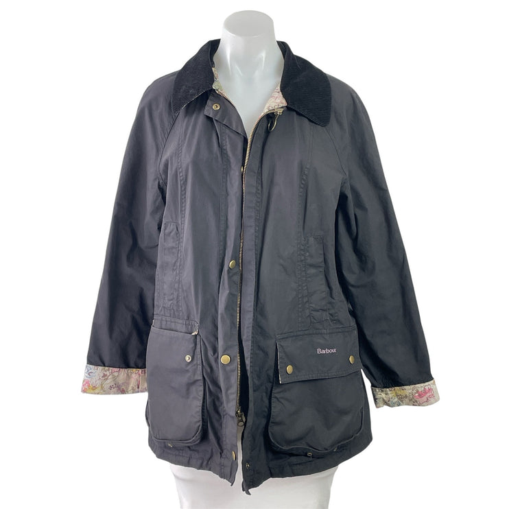 Barbour Beadnell Womens Black Floral Lining Zip Up Collared Waxed Coat Jacket 12