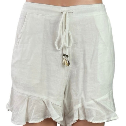 Olivaceous White Linen Cowrie Shell Drawstring Ruffle Wide Leg  Summer Shorts L