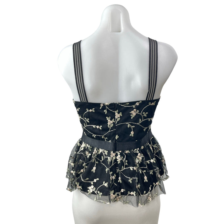 Omai Women's Black Floral Embroidered Sleeveless V Neck Peplum Blouse Top Size M