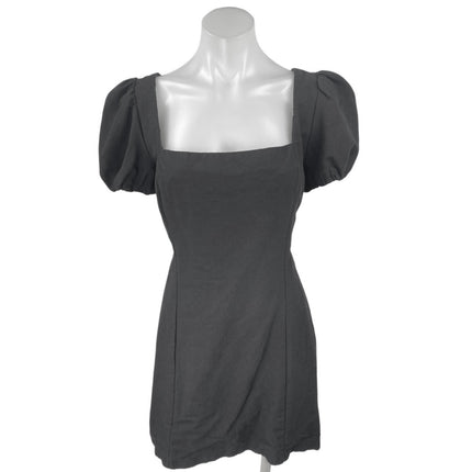 Zara Black Short Puff Sleeve Lace Up Back Square Neck Mini A Line Dress Size XL