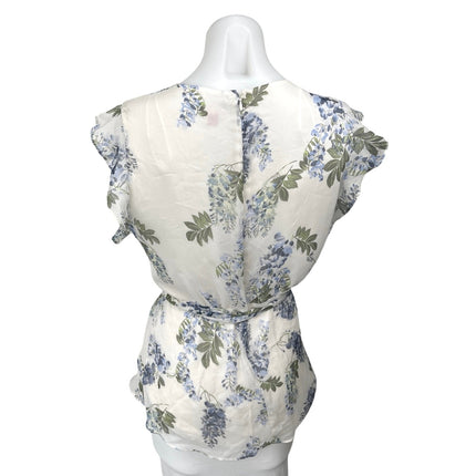 Vince Camuto White Floral Ruffle Sleeveless V-Neck Peplum Wrap Blouse Top Size M