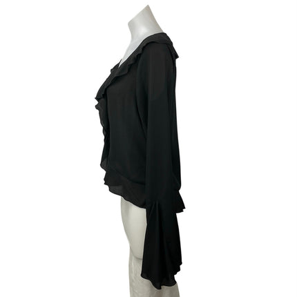 Commense Women's Black V-Neck Ruffles Long Bell Sleeve Crop Blouse Top Size M