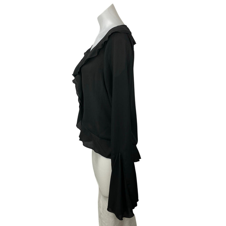 Commense Women's Black V-Neck Ruffles Long Bell Sleeve Crop Blouse Top Size M