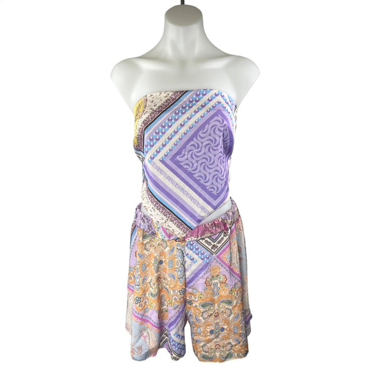 Boohoo Purple Floral Sleeveless Bandana Bandeau Crop Top Shorts 2 Pc Set Size 10