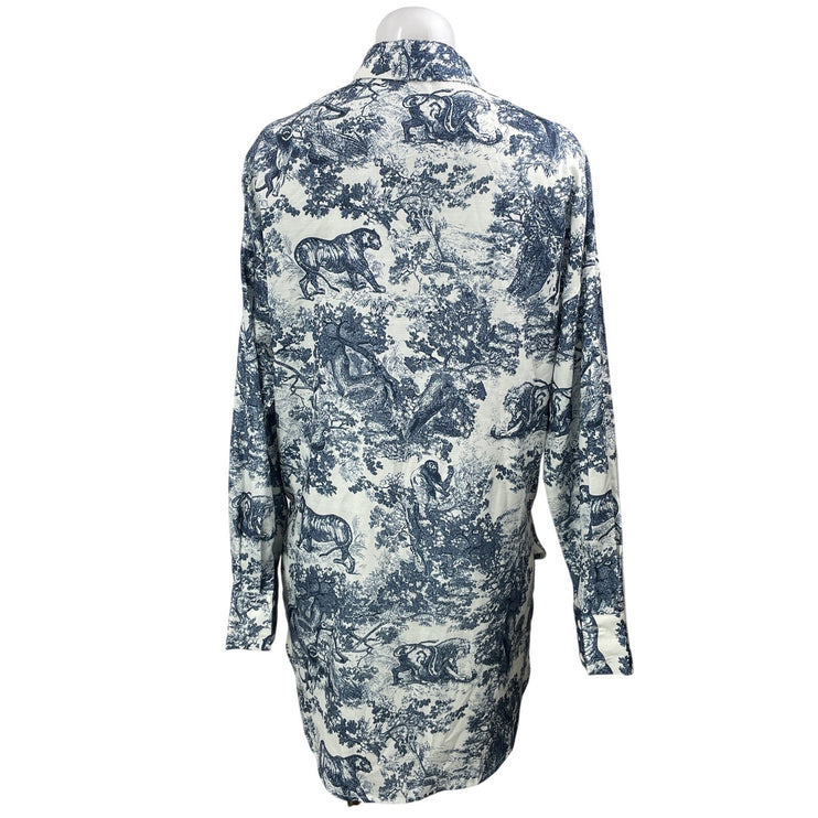 Commense Women's Blue White Long Sleeves Animal Print Button Down Shirt Top Sz S