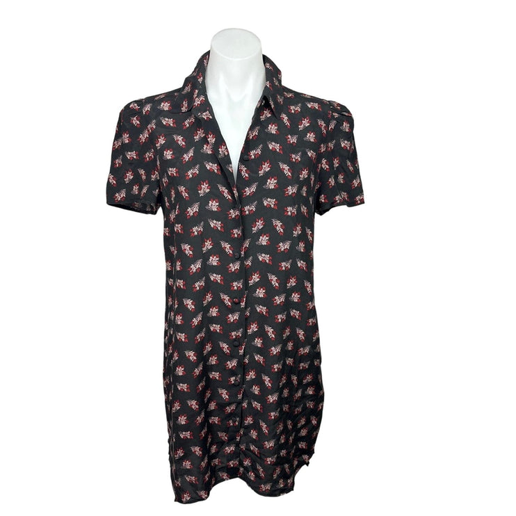 Frame Black Silk Floral Short Sleeve Button Up Collar Mini Shirt Dress Size S