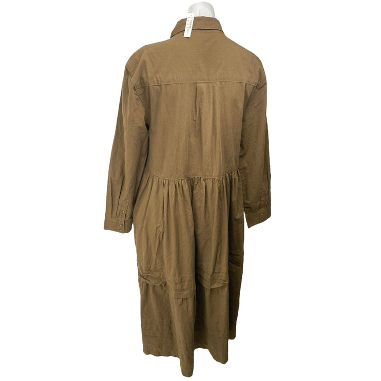 NEW Madewell Brown Pleated Long Sleeve Tiered A Line Midi Shirt Dress Size L