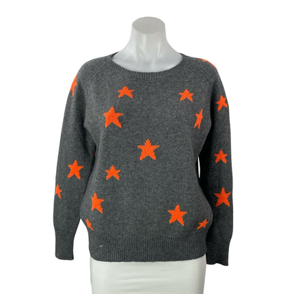 360 Cashmere Women's Gray Orange Star Knit Long Sleeve Round Sweater Top Size S
