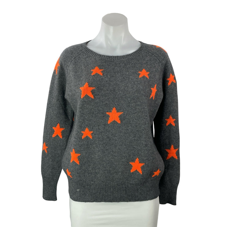 360 Cashmere Women's Gray Orange Star Knit Long Sleeve Round Sweater Top Size S