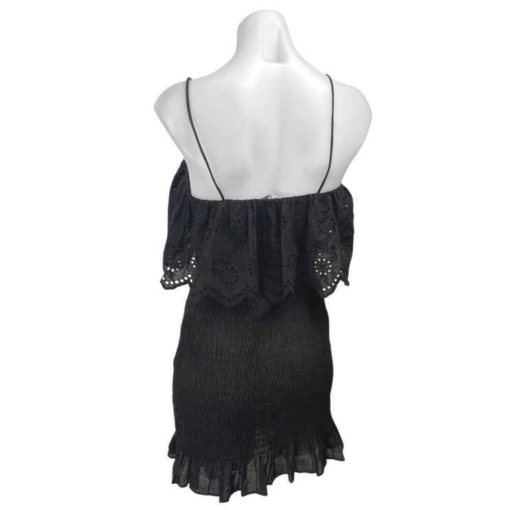 Zara Black Sleeveless Embroidered Smocked Cami Tank Mini Bodycon Dress Size M