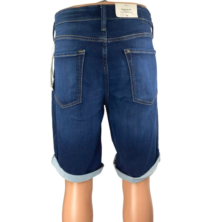 NEW H&M Men's Blue Dark Wash Cuffed Regular Bermuda Denim Jean Shorts Size 34