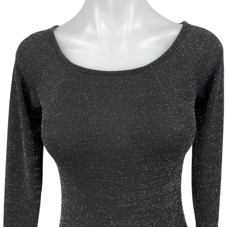NEW Aqua Black Metallic Glitter Shimmer Long Sleeve One Piece Bodysuit Top Sz M