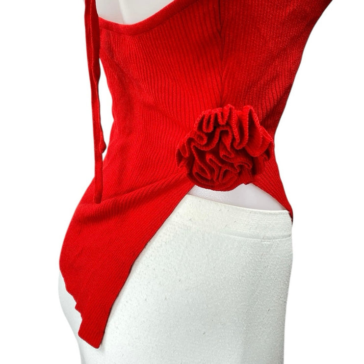 NIA Marais Red Ribbed Knit One Shoulder 3D Floral Sleeveless Cami Blouse Top M