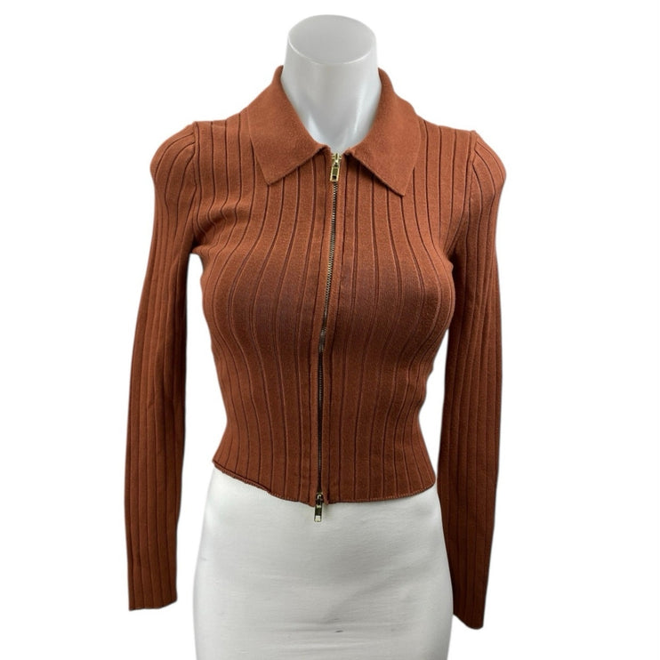 Abercrombie & Fitch Brown Long Sleeve Ribbed Knit Full Zip Collar Sweater Top XS