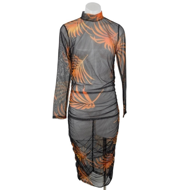 Chicme Tropical Sheer Mesh Tulle Cover Up Summer Midi Sheath Bodycon Dress Sz L