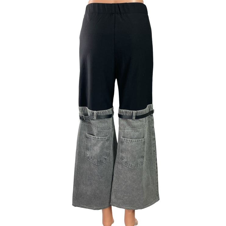 Women's Black Gray Belted Color Block High Rise Wide Leg Denim Trousers Pants XS