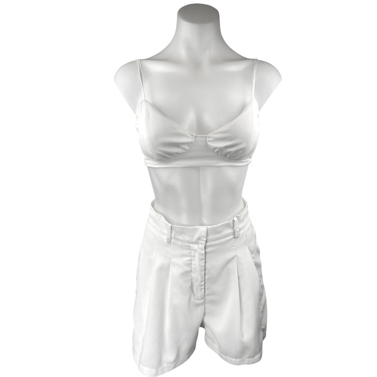 Princess Polly White Sleeveless Bralette Pleated High Waist Shorts 2 Pc Set Sz 2