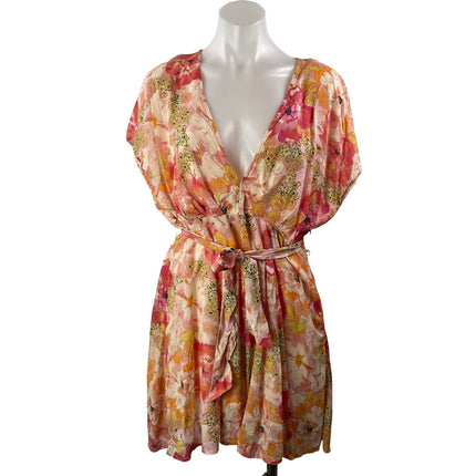 Free People Freddy Coral Short Sleeve Floral V Neck Tie Fit & Flare Mini Dress M